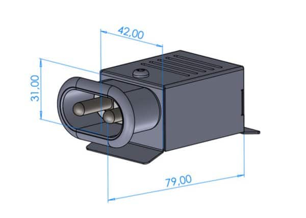 Maßzeichnung Anschlusskasten HKESA-5-T mit eingebauter Steckdose, tangentiale Ausführung Maßzeichnung Anschlusskasten HKESA-5-T mit eingebauter Steckdose, tangentiale Ausführung